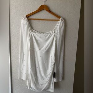 Lulu's Ivory Mesh Pearl Long Sleeve Mini Dress